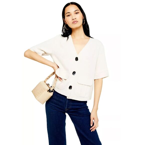 Topshop Tops - Topshop Neutral Beige Linen Blend Button Front Short Sleeve Top